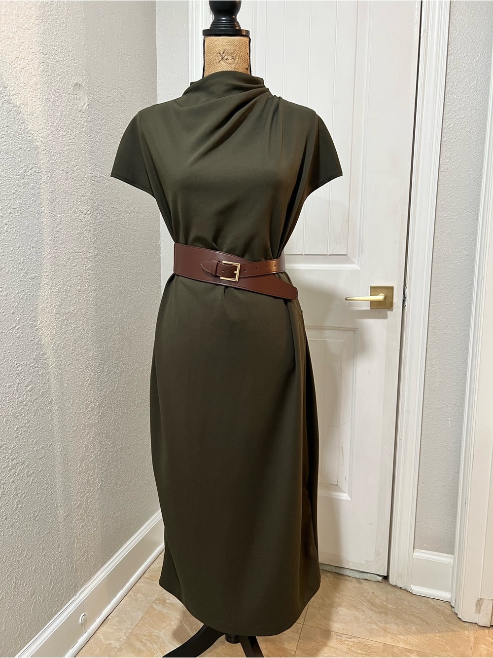 NWOT Zara Olive Green Midi Dress with Brown Waist Belt